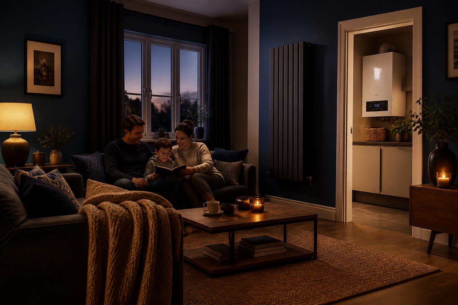 Warm family living room with a modern radiator and combi boiler